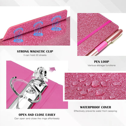 Ospelelf Glitter Leather Clipboard Binder 1 Inch, Magnetic Clipboard Folio Organizer with 5 Pocket Dividers & Zipper Pouch, Cute 3 Ring Document Organizer Binder for Office, Glitter Pink