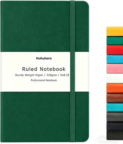 Huhuhero Lined Journal Notebooks for Work, Hardcover Leather Journals for Writing Women Men, 120Gsm Thick Paper College Ruled Notebook, Office School Supplies, 5.25"×8.25" (1, Matte Black)