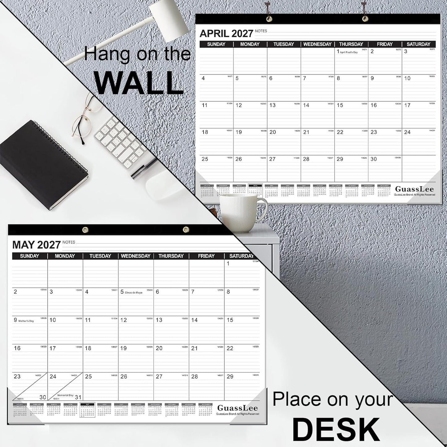 GuassLee Desk Calendar 2026-2027 - 19 Months Academic Calendar 17" × 11.5" Desktop Calendar from Jun. 2026 to Dec. 2027 with Julian Date for Home School Office Desk Top Organizing