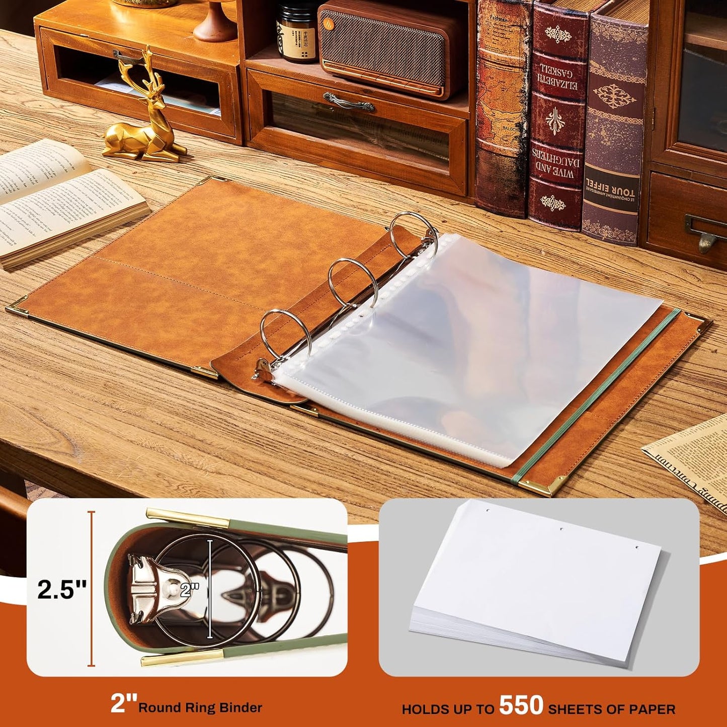 Ovesmusl Leather 3 Ring Binder Fits 8.5"x11" Letter Size Paper, 1 Inch Round Ring Binder Holds 200 Sheets, Notebook Cover Loose Leaf Organizer, Green Tree