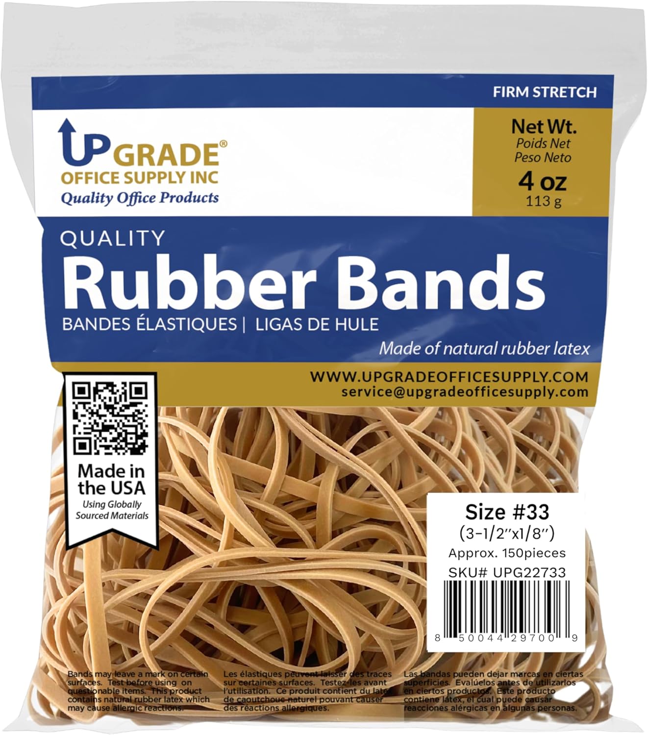 Upgrade Office Supply UPG22733 Rubber Bands, Size #33 (3-1/2” x 1/8”), 150 Bands, 1/4 lb, USA