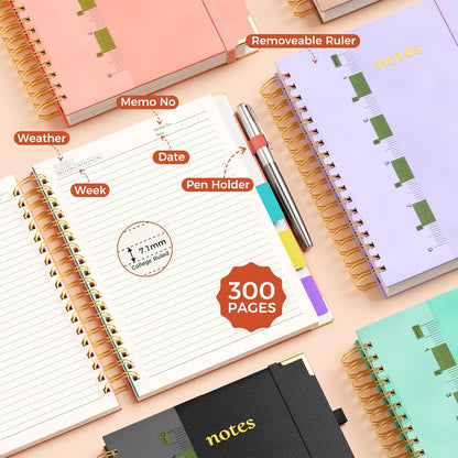 Line Hardcover Spiral Notebook with Removable Dividers Tabs & Ruler, 5 Subject Notebook College Ruled, 300 Page, Large 8"x10" B5 Notebooks for Work School, Lined Journal for Women & Men, Purple