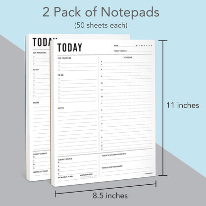 Daily Planner Notepad 2pk, 50 Sheets Tear Off, 8.5" x 11" To Do List Notebook with Hourly Schedule Task Planner