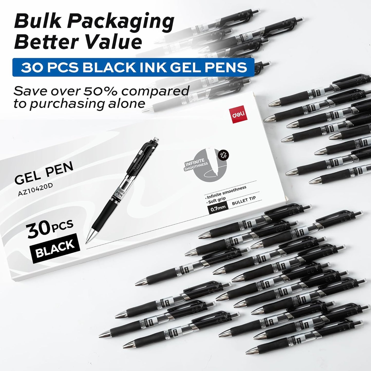 deli Gel Pens, 50 Pcs Retractable Pens Black Ink, Medium Point Pen 0.7mm, Smooth Writing, Fast Dry, No Bleed for Journaling Note Taking, Home School Office Supplies