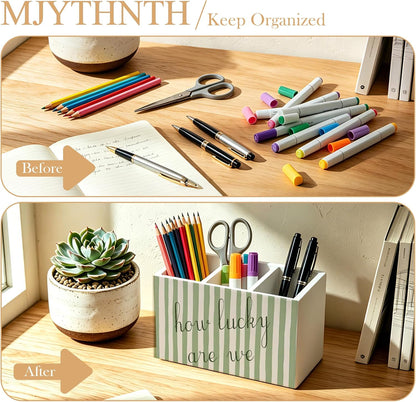 Don't Overthink It Inspirational Pencil Pen Holder for Desk, Pink Positive Affirmations Wooden Box Sign Pen Holder Organizer for Home Office School Desk Accessories