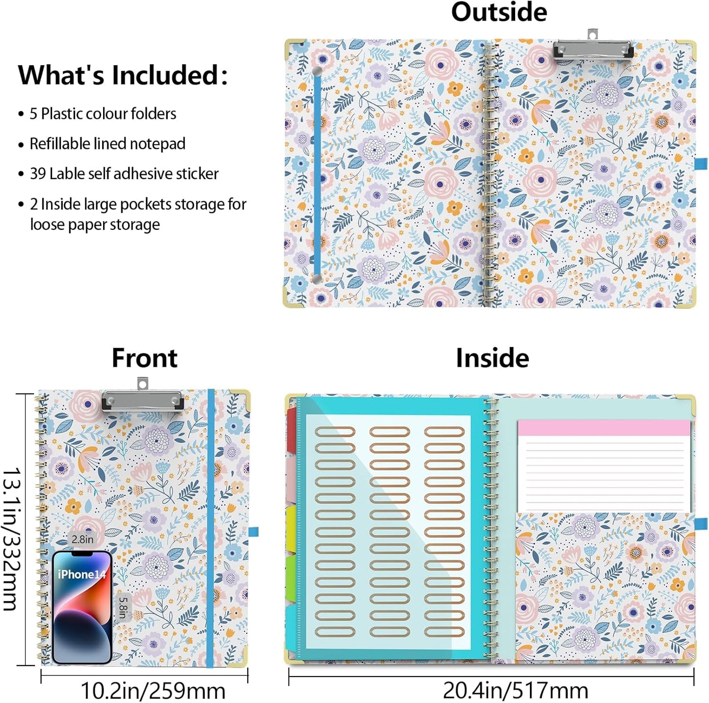 Clipboard Folio with Storage Clipboards Padfolio Notebook for Letter Size (11" x 8.5"), Pink Clipboards with 10 Pockets and 5 Folders Nursing Teacher School Essentials (Stay Positive)