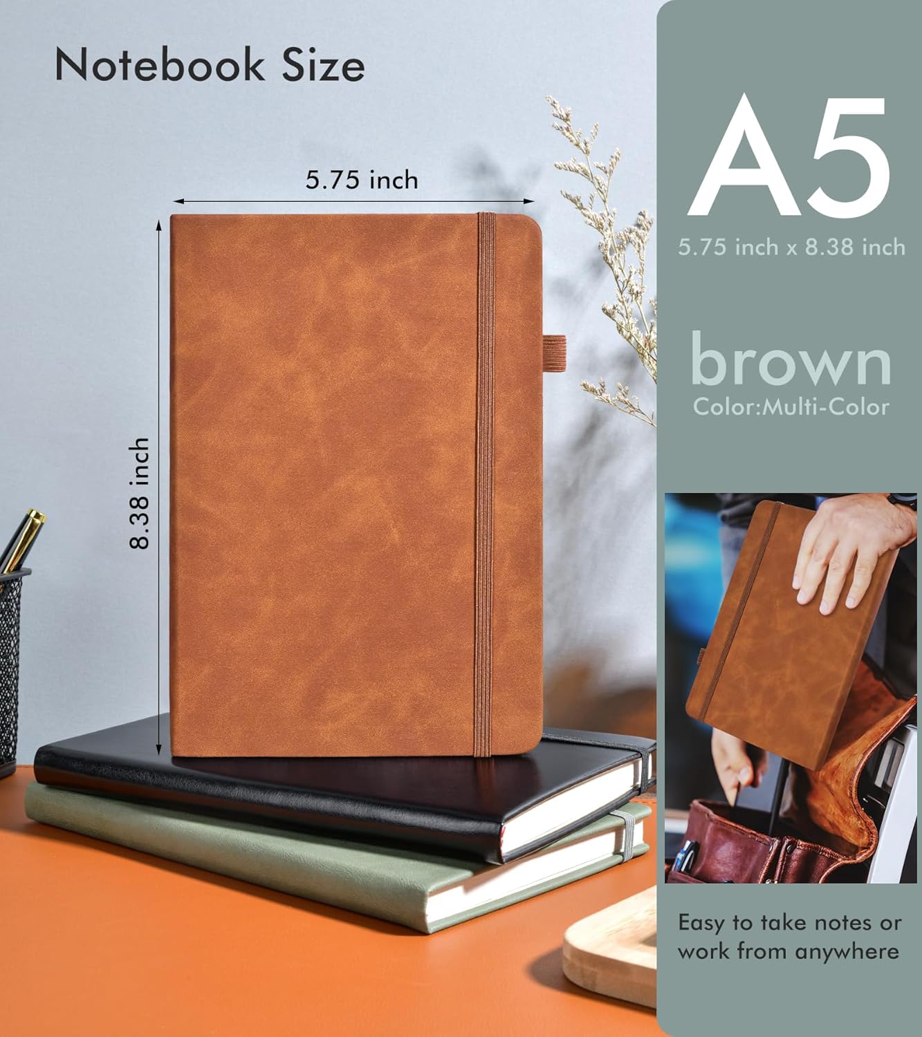 Lined Journal Notebook for Men Women, 200 Numbered Pages Leather Hardcover Journal with Pen, A5 Journaling Notebooks, Thick Paper College Ruled Journals for Writing Work Business 5.75'' X 8.38'' Black