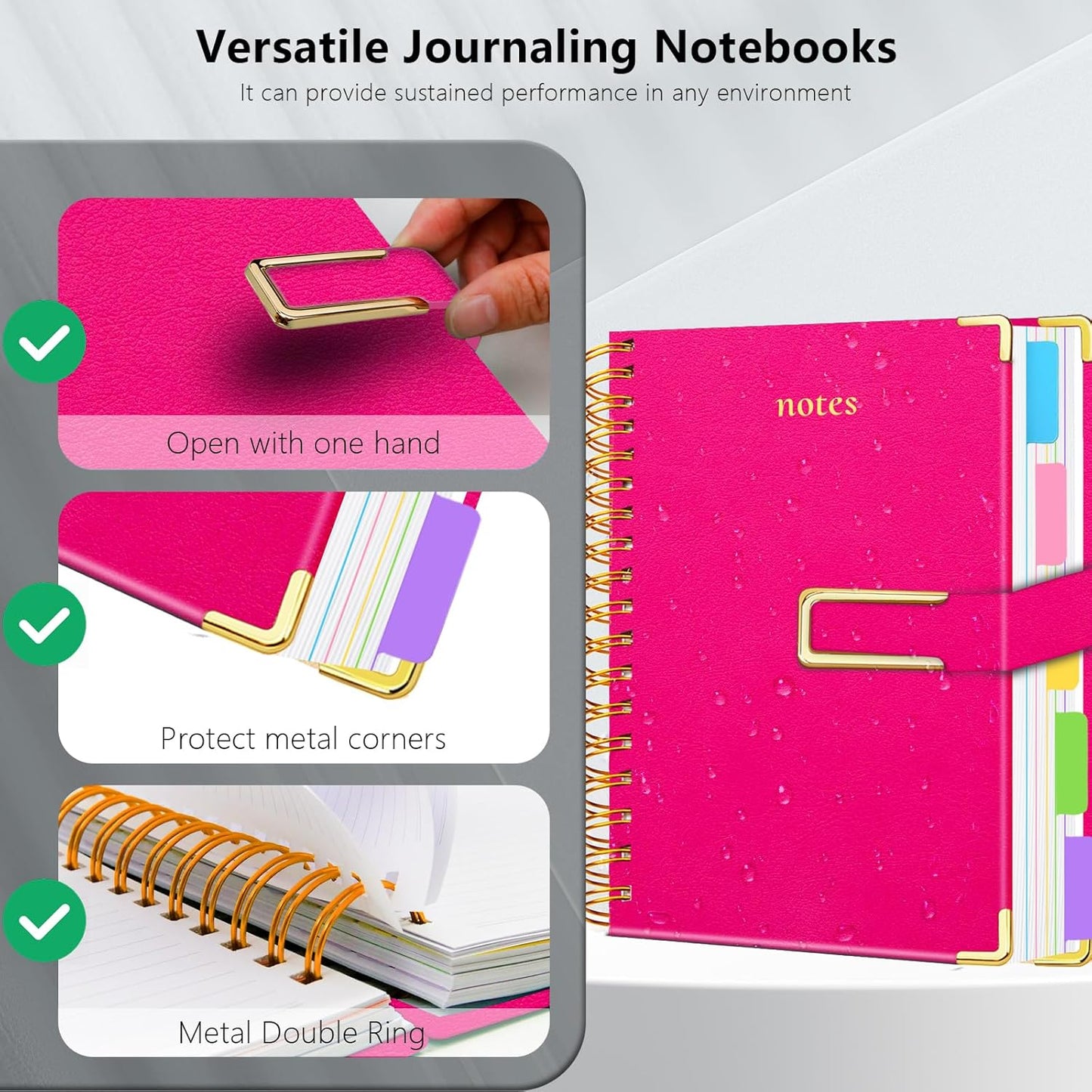 Hardcover Spiral Notebook College Ruled, 8"x10" Leather Journal Notebook with Magnetic Closure, 300 Pages 5 Subject Notebook with Dividers Tabs Journal for Women Men, Work, School(Rose Red)