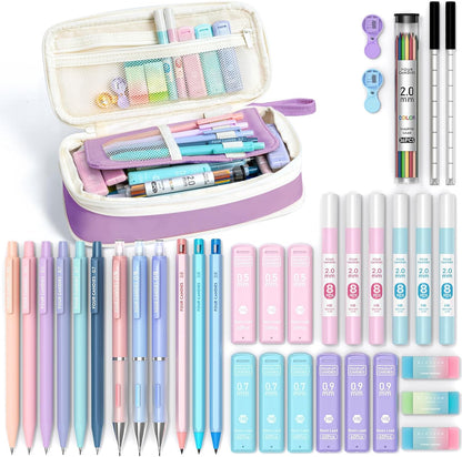 Four Candies 42PCS Aesthetic School Supplies, Mechanical Pencil Set 0.5mm, 0.7mm, 0.9mm, 2.0mm with 696 Lead Refills, Pastel Mechanical Pencils for Writing, Drawing & Drafting (Cream)