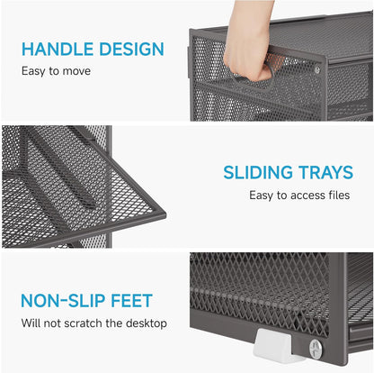 Lavatino 3-Tier Letter Tray Desk Organizer, Mesh Metal Paper File Tray Organizer for Desk, Office Supplies & Home Organization, Fits A4 Paper, Mail, Magazines & Office Accessories (Black with Handle)