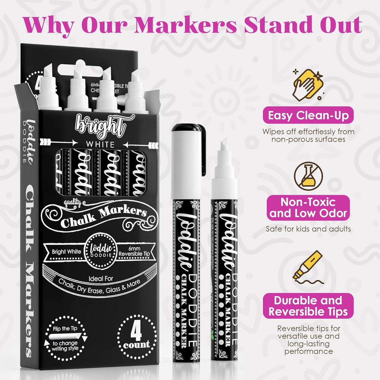 Loddie Doddie Chalk Markers - Pack of 24, 6mm Reversible Tips - Liquid Chalk Pens for Glass Surfaces & Windows - Erasable Pens for Chalkboard Calendar - Non-Toxic Chalkboard Markers