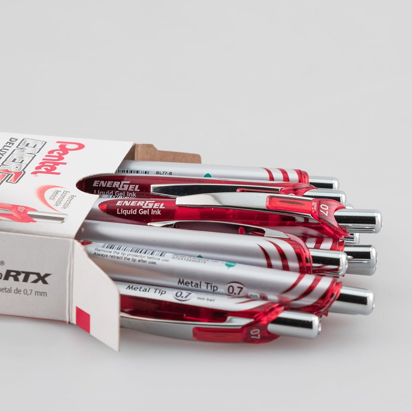 Pentel EnerGel RTX Retractable Liquid Gel Pen, (0.7mm) Medium Line, Metal Tip, Black Ink, Box of 12 (BL77-A)