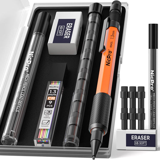 Nicpro 3 PCS 1.3 mm Orange Mechanical Pencils Set with 66 Lead Refill, 3 Eraser - Weatherproof Metal Barrel, Heavy Duty Carpenter Pencil MP2000 for Outdoor Marking Drafting Drawing Woodworking