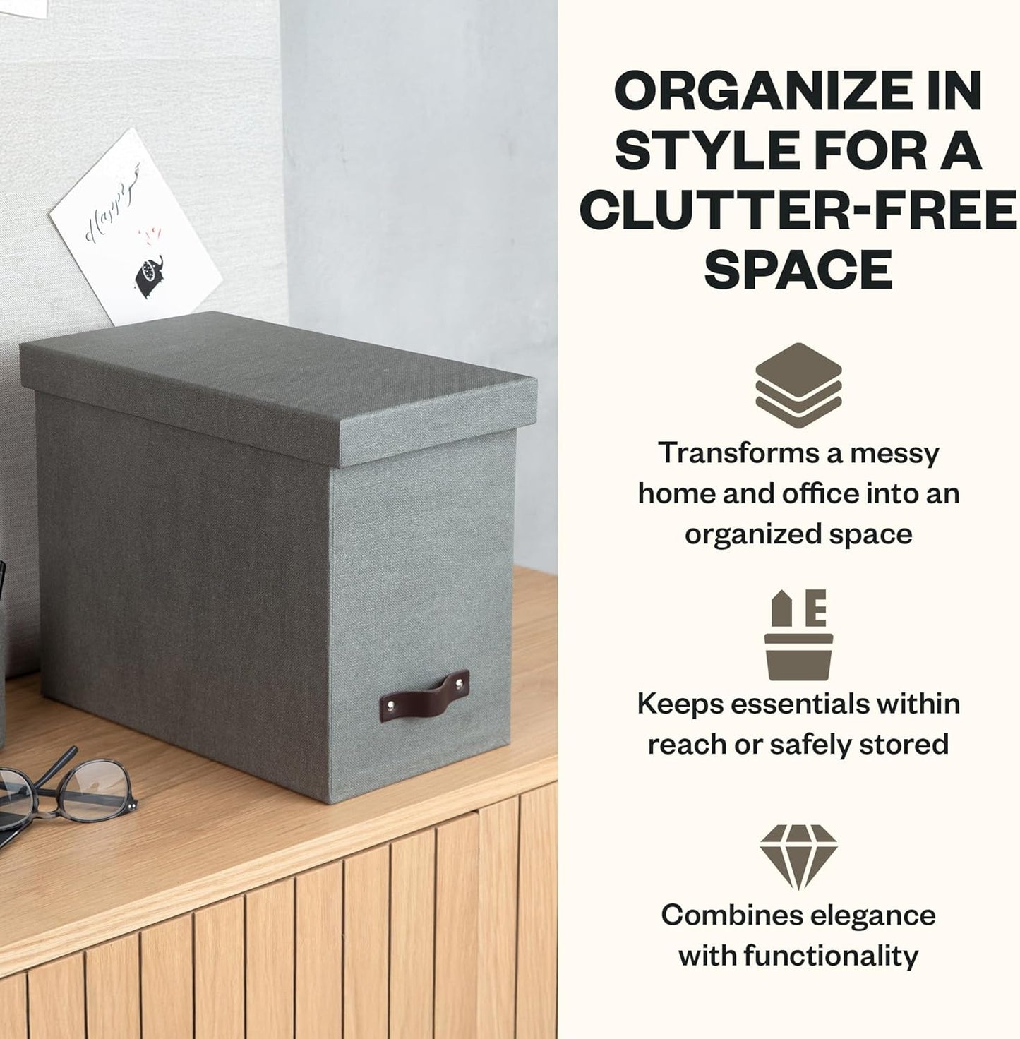Bigso John Desktop File Box - Storage Solution and Document Organizer for Important Paperwork - Durable Hanging File Box with a Lid and Leather Handle - 7.36 in x 13.26 in x 10.51 in - Grey