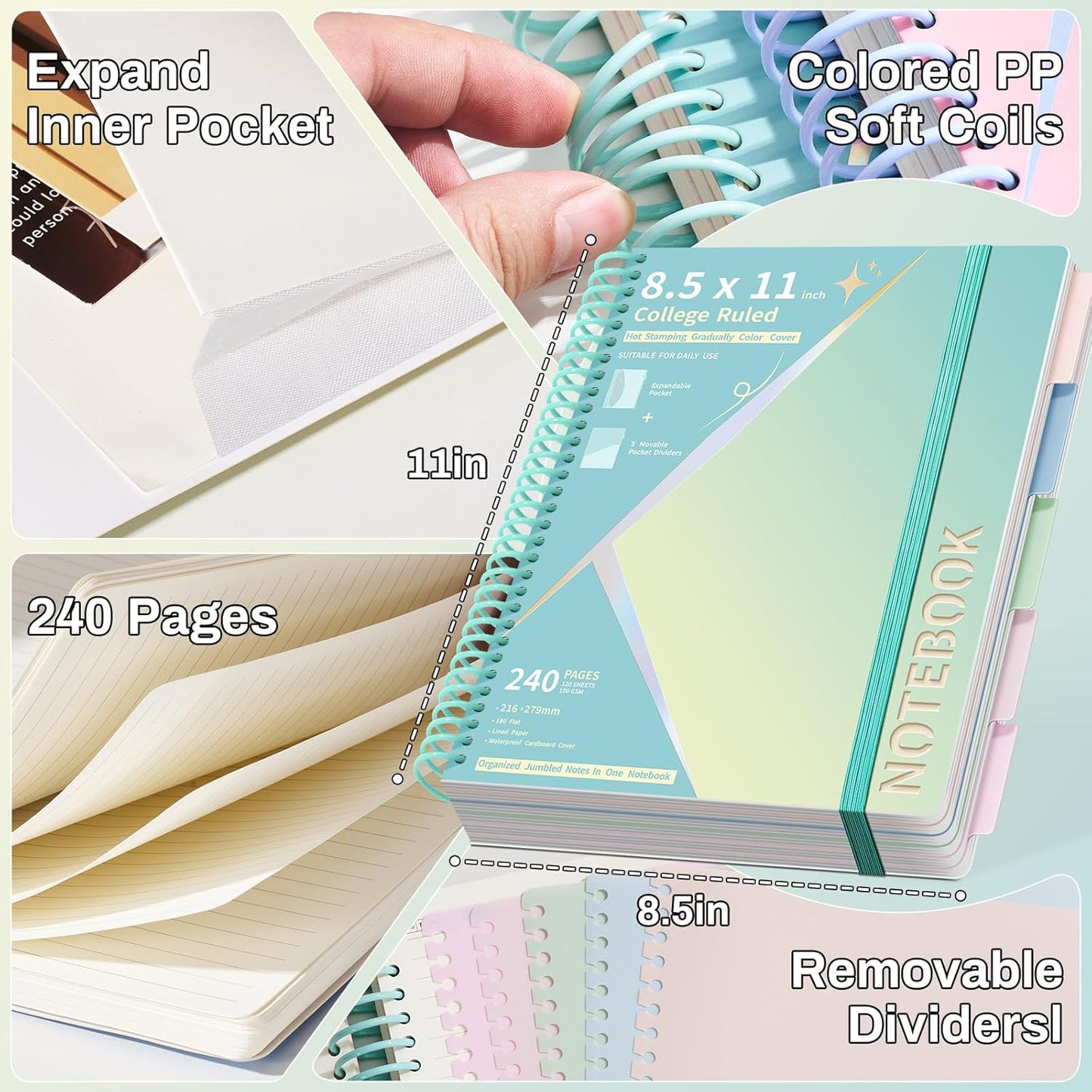Hardcover Spiral Notebooks 8.5" X 11" Note Taking 5 Subject Notebook College Ruled with Dividers 240 Pages 100GSM Aesthetic Spiral Notebook for Work School Cute Journals for Women Writing