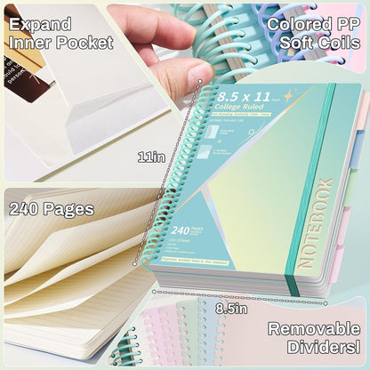 Hardcover Spiral Notebooks 8.5" X 11" Note Taking 5 Subject Notebook College Ruled with Dividers 240 Pages 100GSM Aesthetic Spiral Notebook for Work School Cute Journals for Women Writing