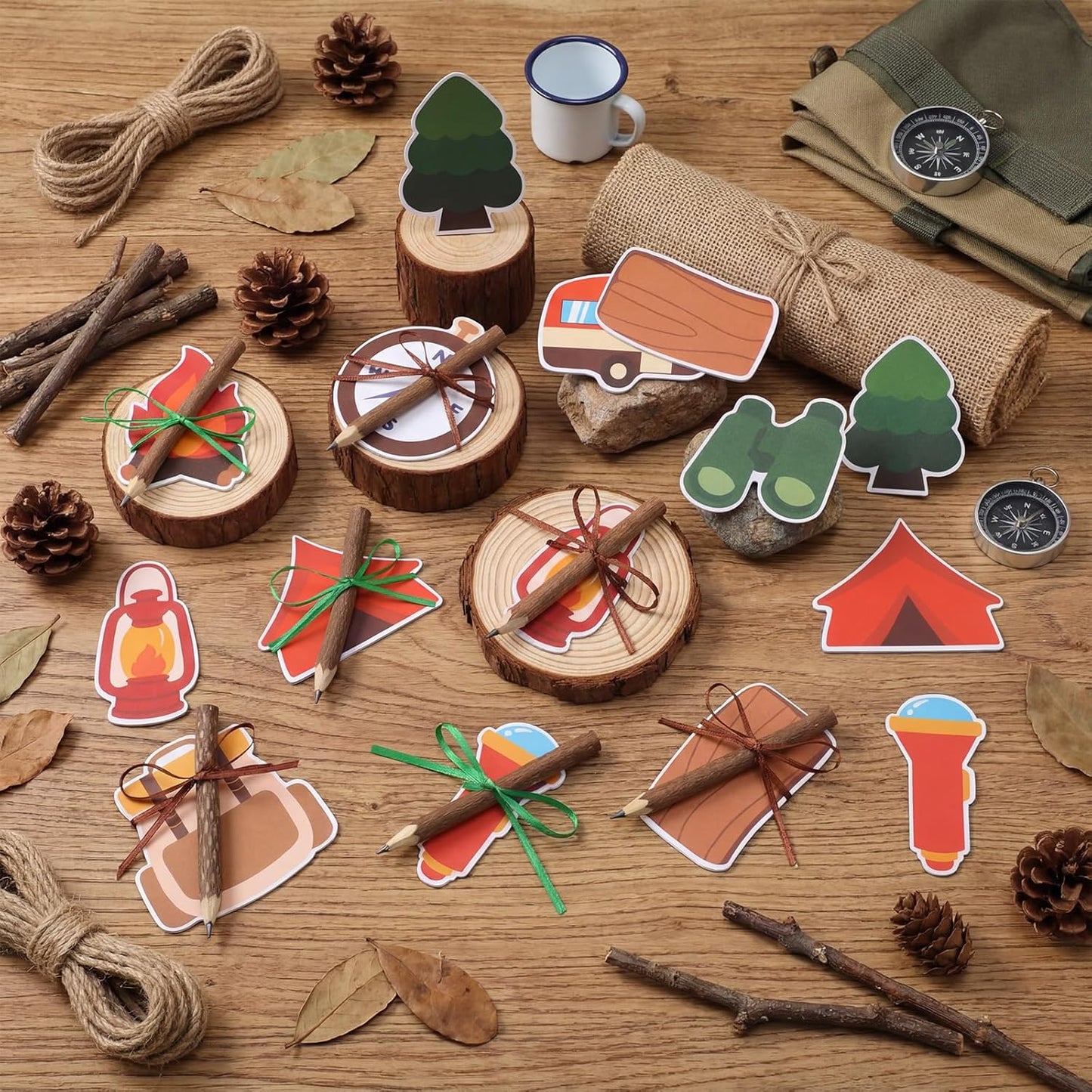 Eaasty 24 Set Camping Sticky Note and Twig Pencils with Ribbon Adventure Travel Gift for Party Favors Self Stick Adhesive Notepads Natural Wood Pencils for Exchange Gifts Office Home Classroom