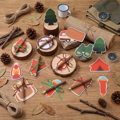 Eaasty 24 Set Camping Sticky Note and Twig Pencils with Ribbon Adventure Travel Gift for Party Favors Self Stick Adhesive Notepads Natural Wood Pencils for Exchange Gifts Office Home Classroom