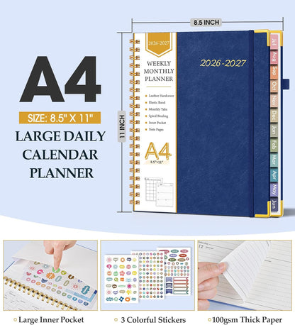 2026 Planner, Weekly and Monthly Calendar Planner from January 2026 - December 2026, 8.5" x 11" Hardcover Leather Hourly Appointment Book with Tabs, Spiral Daily Planners for School Work Home, Green