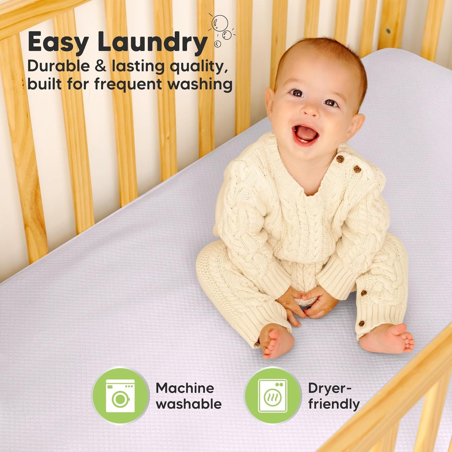 2-Pack Waterproof Crib Mattress Protector Cover Fitted - Quiet Baby Crib Mattress Pad Sheets, 52" x 28" Soft Quilted Cotton Baby Sheet, Machine Washable, Easy Fit, Durable (Soft White/Mavy)