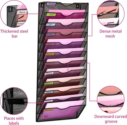 1 Pocket Mesh Wall File Holder Organizer Office Hanging File Folder Magazine Rack, Nametag Label Hooks Set Included (Black)