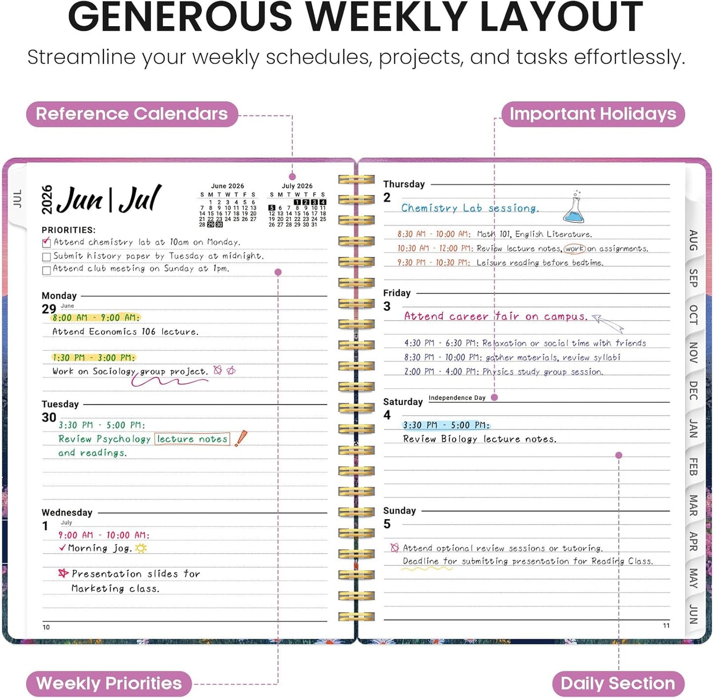 Planner 2026-2027, Academic Year Monthly and Weekly Calendar Planner, Jul 2026 - Jun 2027, Hardcover Teacher Student Planning Agenda book with Tabs, Perfect for School Office Supplies, 6.3" x 8.5" - Wildflowers