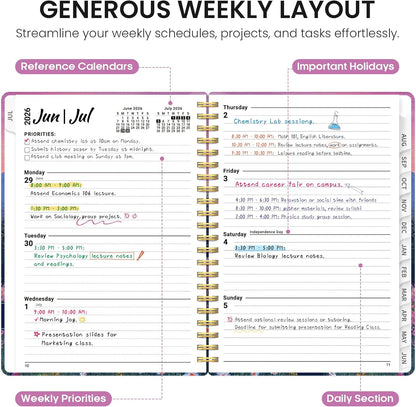 Planner 2026-2027, Academic Year Monthly and Weekly Calendar Planner, Jul 2026 - Jun 2027, Hardcover Teacher Student Planning Agenda book with Tabs, Perfect for School Office Supplies, 6.3" x 8.5" - Wildflowers