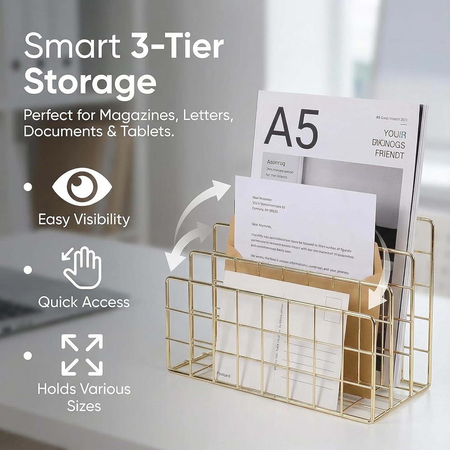 Simmer Stone Gold Letter Sorter Organizer for Desk, Premium Plated Metal Mail Holder with 3 Upright Slots, Ultra-Stable & Non-Wobbling Desktop Organizer for Envelopes, Documents, Palettes 9.5“ x 4.7 ”