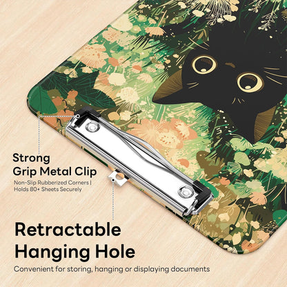 Plastic Cute Clipboard Low-Profile Metal Clip, A4 Letter Size 9 x 12.5 in, 8.5 x 11 Paper Clip Board for Teachers, Nurses, Classroom,Cute Black Cats