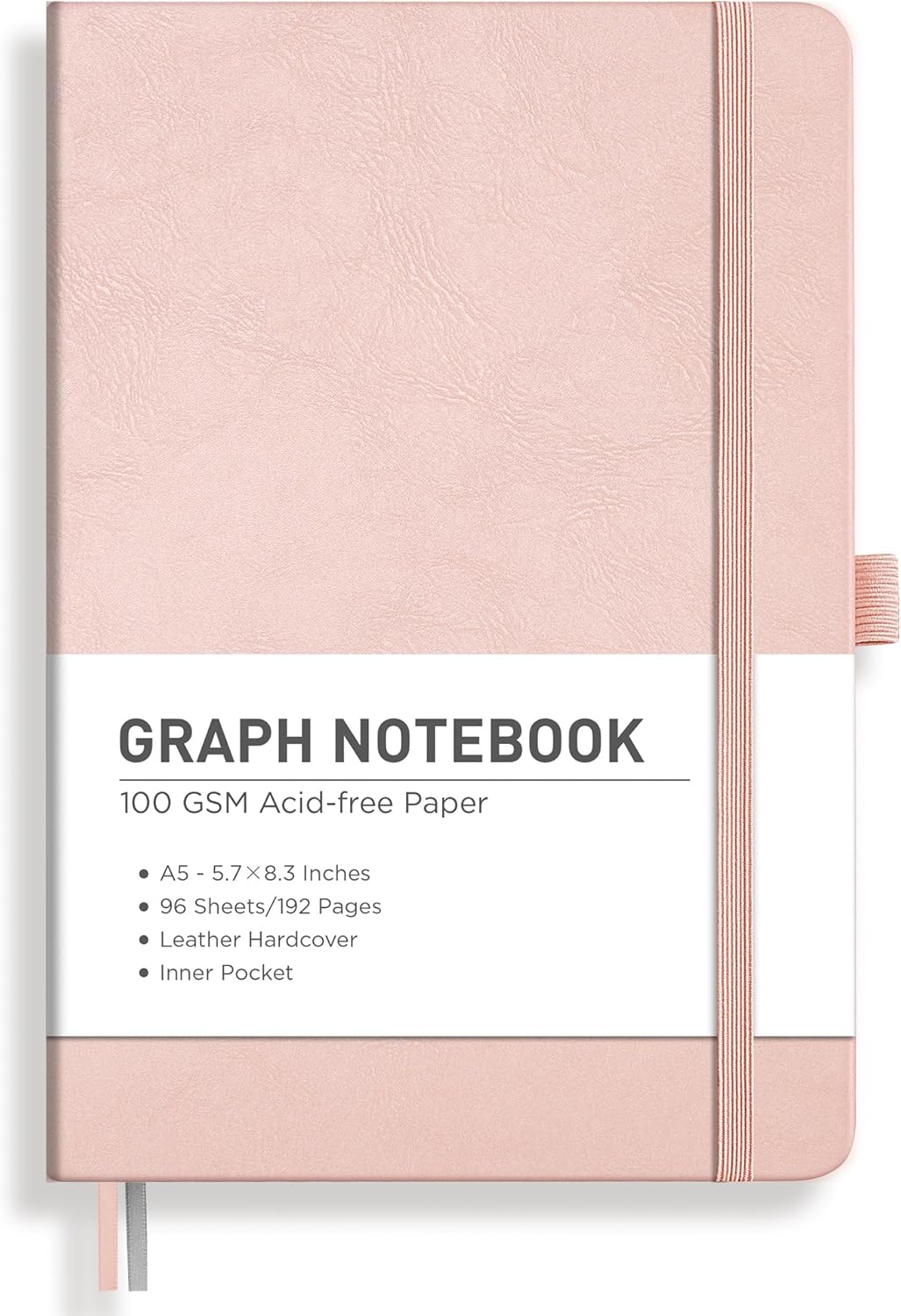 RETTACY Graph Grid Paper Notebook, 192 Pages, A5 Medium Size (5.7'' x 8.3''), 5 Squares per Inch, Leather Hardcover, 100 GSM Thick Paper, for School, Students, Math, Engineering (Brown)
