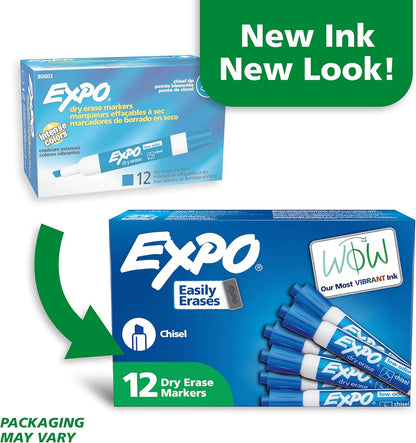 EXPO Dry Erase Markers, Low Odor Ink, Blue, Chisel Tip, 12 Count - Whiteboard, Calendar, Organization, Essential Supplies for Office, School, Classroom, Teachers