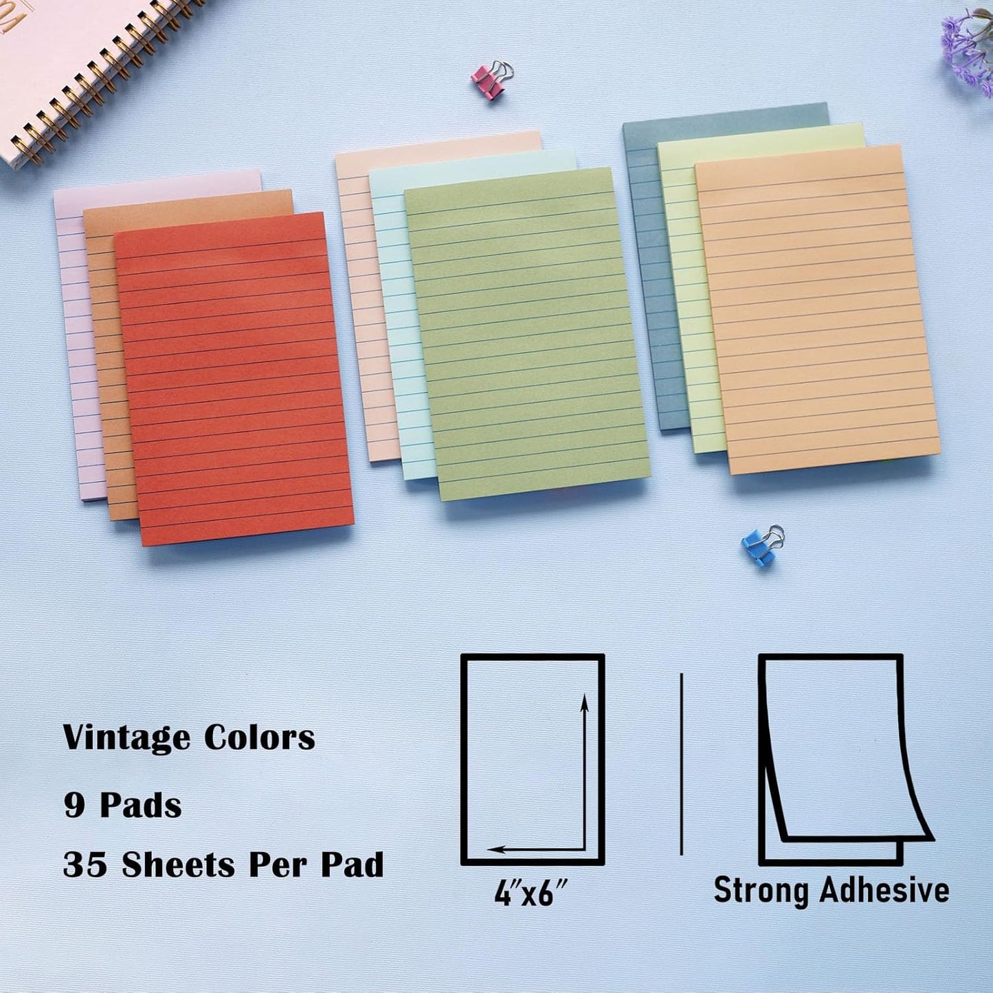 9 Pack Lined Sticky Notes 4X6 in Post Sticky Notes with Lines, Large Ruled Post Sticky Colorful Super Sticking Power Memo Pads Strong Adhesive (Pink Themed)