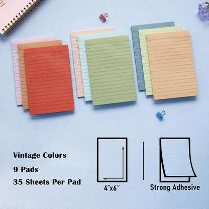 9 Pack Lined Sticky Notes 4X6 in Post Sticky Notes with Lines, Large Ruled Post Sticky Colorful Super Sticking Power Memo Pads Strong Adhesive (Pink Themed)