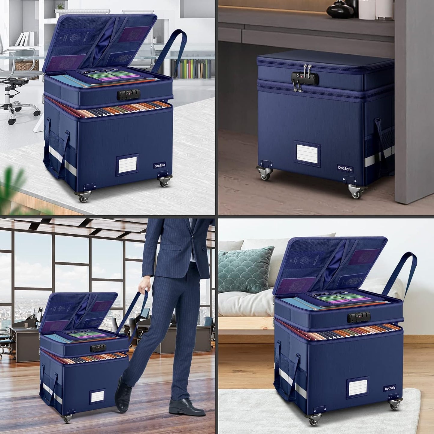 DocSafe Fireproof Document Box with Lock,2-Layer File Box with Wheels,Collapsible File Storage Organizer with Pockets,Large Portable Home Filing Cabinet for Hanging Folders,Black,16''x13.8''x12.2''