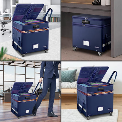 DocSafe Fireproof Document Box with Lock,2-Layer File Box with Wheels,Collapsible File Storage Organizer with Pockets,Large Portable Home Filing Cabinet for Hanging Folders,Black,16''x13.8''x12.2''