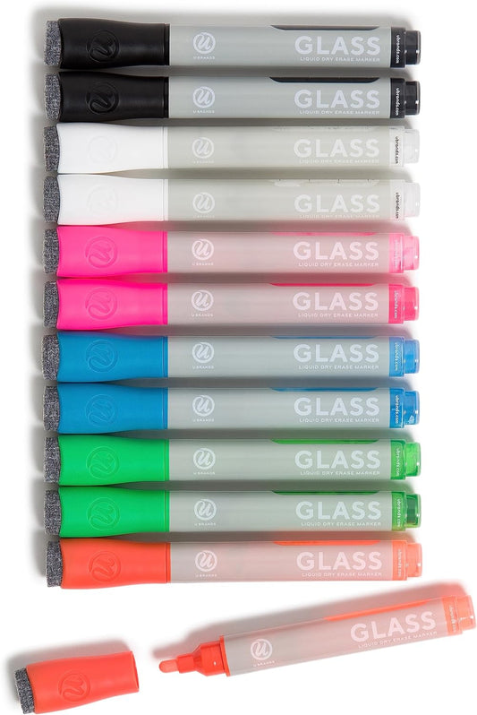 U Brands Fine Tip Liquid Glass Whiteboard Markers with Eraser for Glass Boards, Dry Erase Boards, and Chalk Boards, Assorted Bright Colors, Set of 12