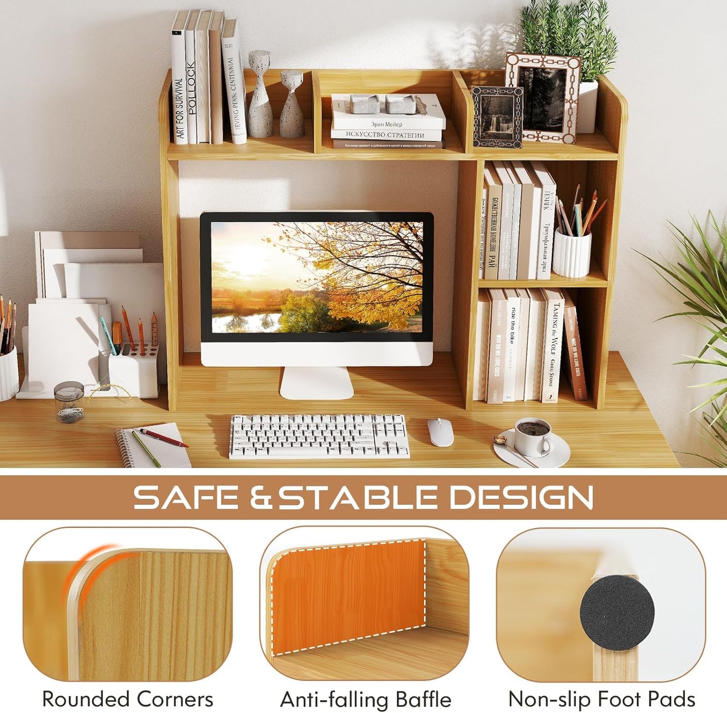 Tangkula Desktop Bookshelf, Countertop Storage Hutch with 5 Shelves for Computer Desk, Desk 3-Tier Display Rack, Multipurpose Wood Desktop Hutch Storage Organizer for Dorm Office Home