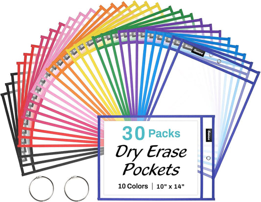 SUNEE 50 Packs Oversized Reusable Dry Erase Pocket Sleeves with 3 Rings, 10 Assorted Colors 10x14 Ticket Holders, Clear Plastic Sheet Protectors, Teacher School Classroom Supplies
