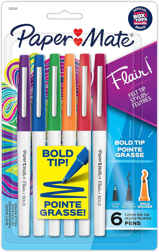 Paper Mate Flair Pens, Felt Tip Pens, Bold Tip (1.2 mm), Assorted Colors, 6 Count