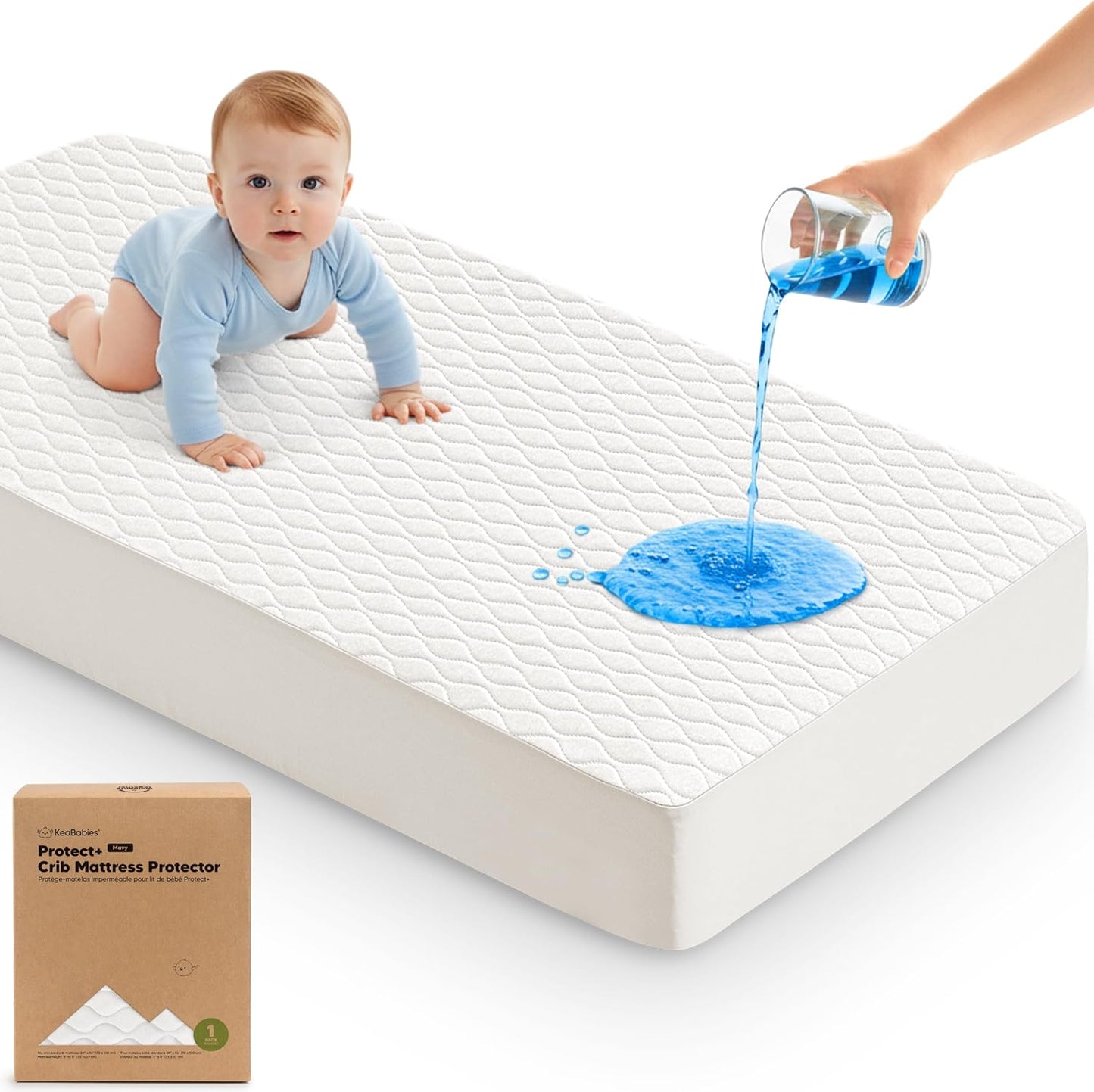 2-Pack Waterproof Crib Mattress Protector Cover Fitted - Quiet Baby Crib Mattress Pad Sheets, 52" x 28" Soft Quilted Cotton Baby Sheet, Machine Washable, Easy Fit, Durable (Soft White/Mavy)