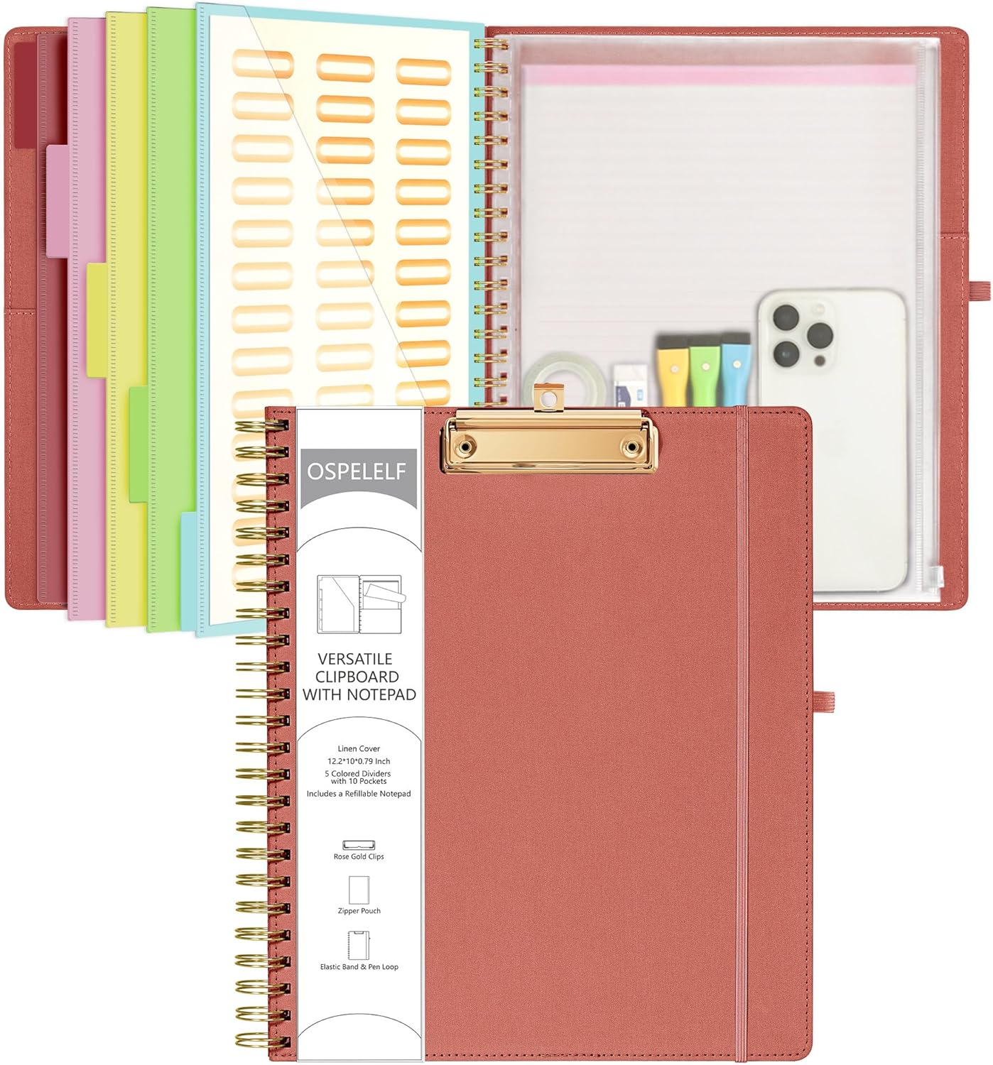 Ospelelf Foldable Spiral Clipboard Folio with Storage Zipper Pouch, 5 Plastic Folders with 10 Pockets,Refillable Lined Notepad (11" x 8.5"), Hardcover Project Organizer with 39 Stickers (Purple)