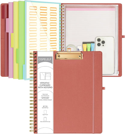 Ospelelf Foldable Spiral Clipboard Folio with Storage Zipper Pouch, 5 Plastic Folders with 10 Pockets,Refillable Lined Notepad (11" x 8.5"), Hardcover Project Organizer with 39 Stickers (Purple)