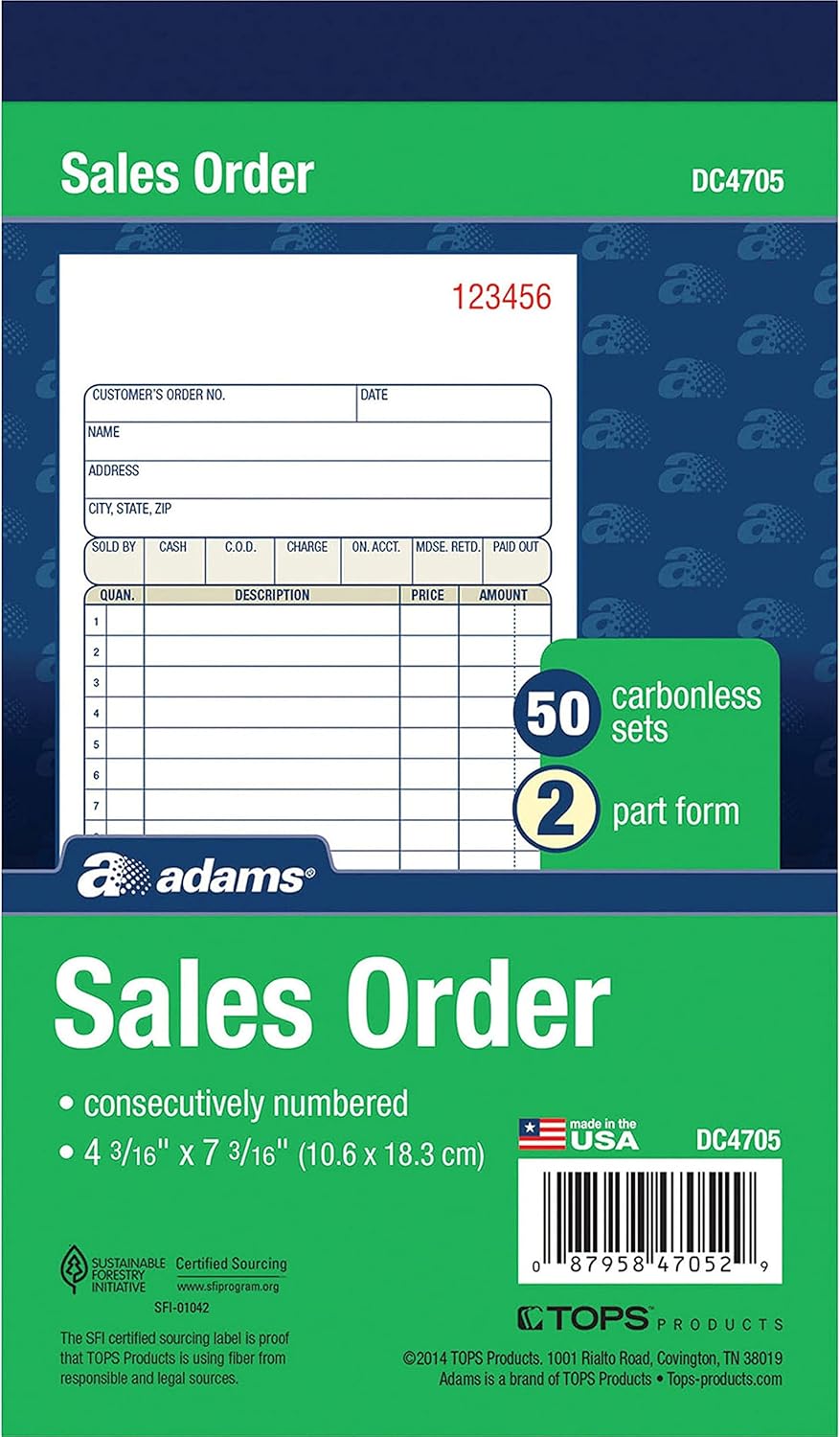 Adams Sales Order Book, 2-Part, Carbonless, White/Canary, 4-3/16 x 7-3/16 Inches, 50 Sets per Book (DC4705)