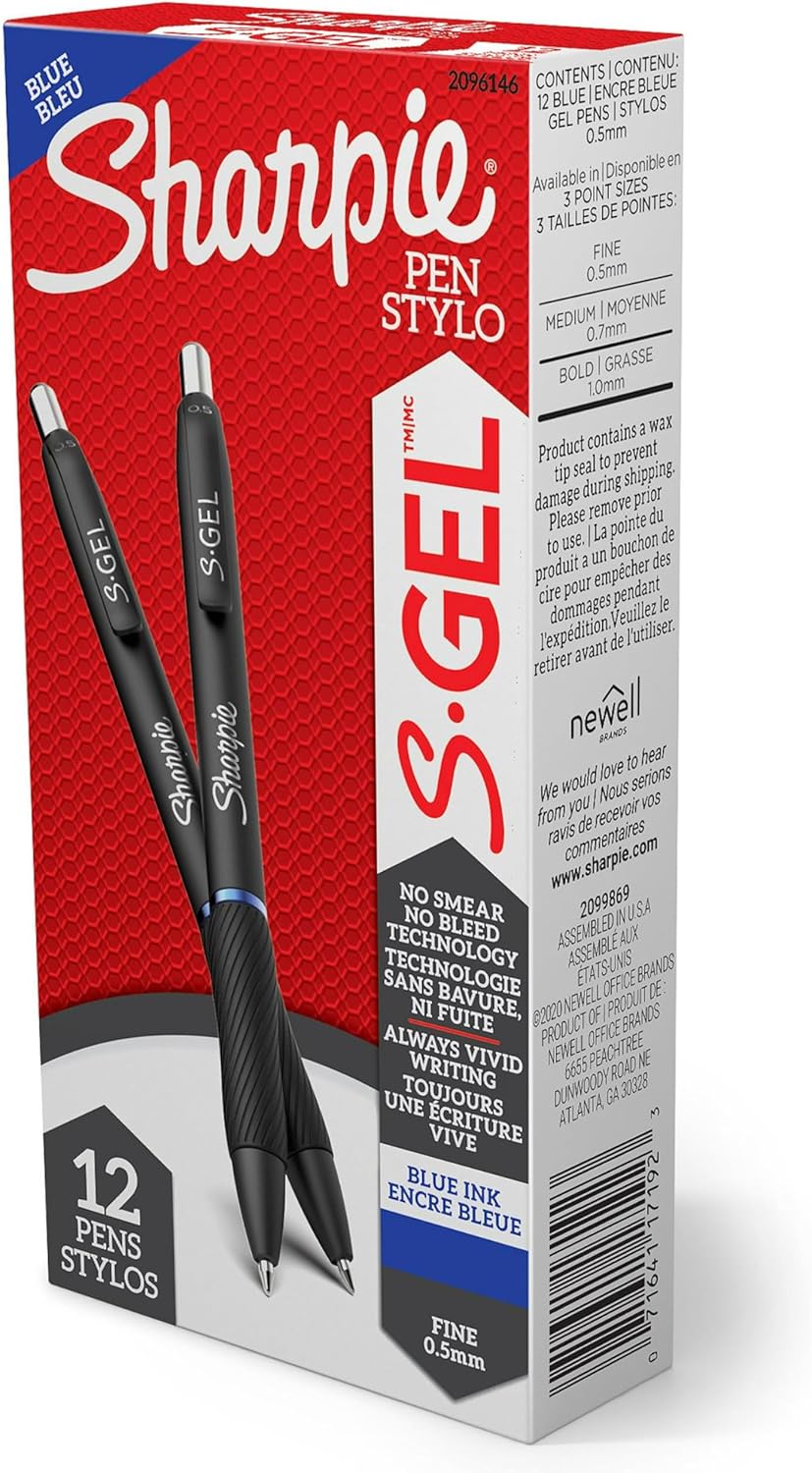 Sharpie S-Gel Pens, Fine Point (0.5mm), Blue Gel Ink, 12 Count - For Home, Office, School