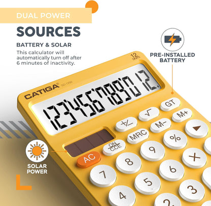 CATIGA 12 Digit Desktop Calculator Basic Desk Calculator with Large LCD Display, Big Buttons, 4 Function, Solar and Battery Dual Power, for Office, School, Home, SD-1292 Green