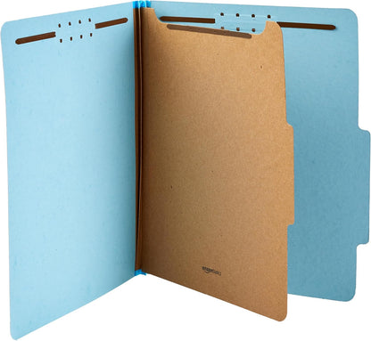 Amazon Basics Classification Folder with Prongs, 100% Recycled, 2 Dividers, 2" Embedded Fasteners, Letter Size, for Documents Organization, Light Blue, 10 Count