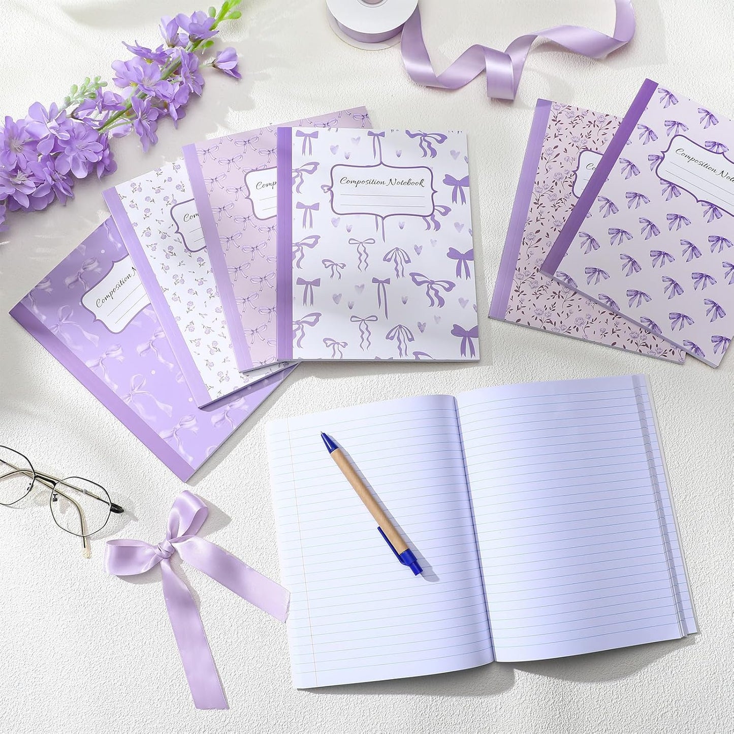 Fullhawl 6 Pcs Bow Composition Notebooks, Preppy Coquette Notebook College Ruled Journal, 110 Page, Cute Back to School Gift for Teacher, Student, First Day of Schooll(Pink,9-3/4 x 7-1/2")