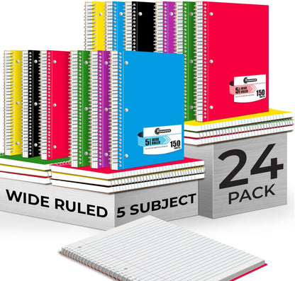 Rosmonde 5 Subject Notebook Wide Ruled, 6 Pack, 300 Pages (150 Sheets), 8 x 10-1/2", 5 Subject Spiral Notebook with Dividers, Thick Paper Fights Ink Bleed, 3 Hole Punched, Spiral Notebooks for School