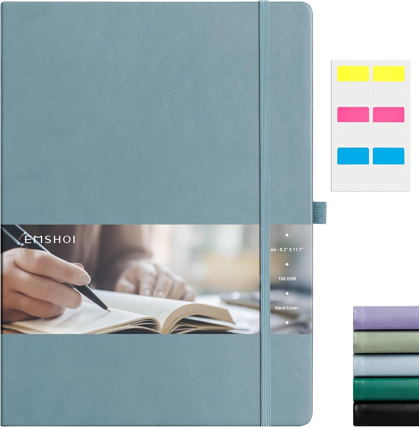 EMSHOI A4 College Ruled Notebook, Large 8.3" x 11.7", 192 Pages 100GSM Ink-Proof Faux Leather Hardcover Lay-Flat Lined Journal for Office School Work Writing, Black
