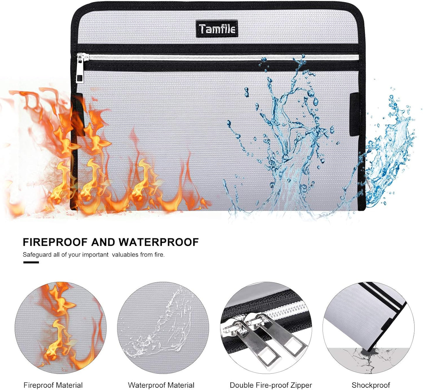 Tamfile Fireproof Accordion File Organizer with Handle, 13 Pocket Transparent Expanding File Folder with Zipper & Labels, File Folder with Multi-Pockets Paper Organizer Folder for Letter A4 Files